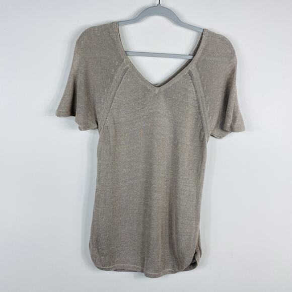 Banana Republic Size XS Linen Blend V-Neck Short Sleeve Knit Top Tan - Picture 1 of 6